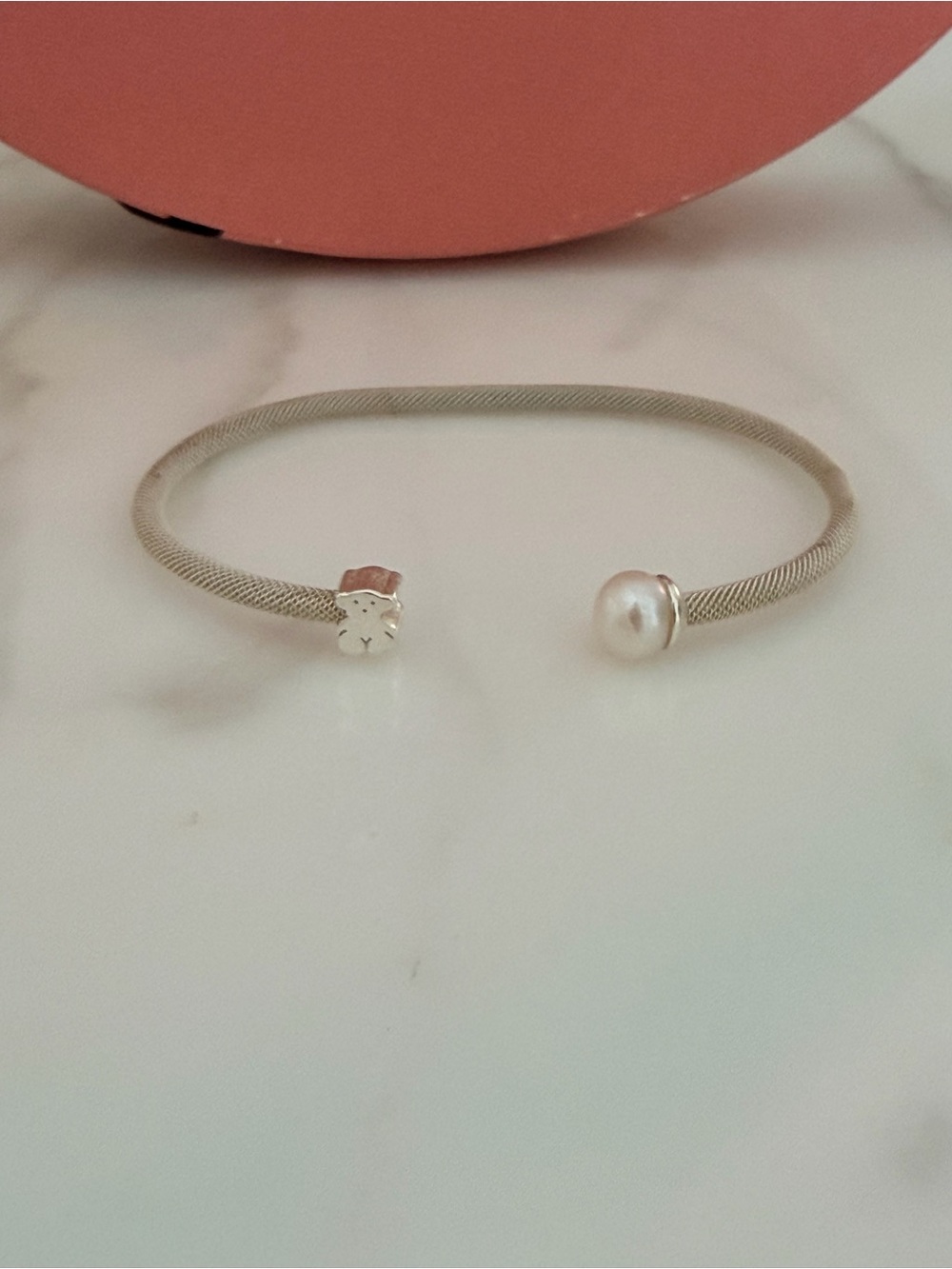 TOUS Silver Mesh Open Cuff Bracelet with Cream Pearl Accent